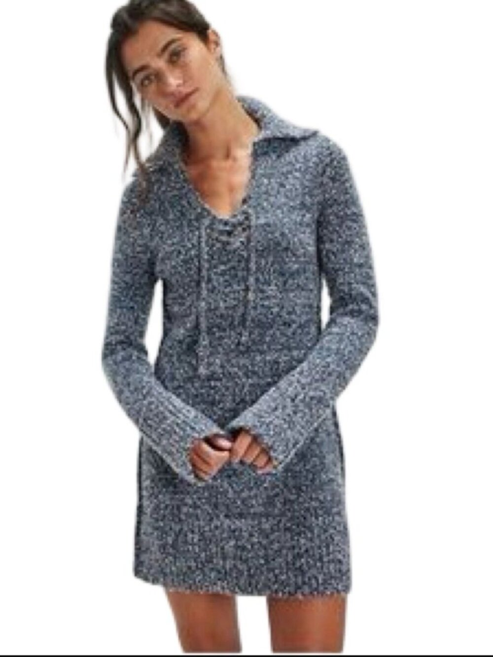 NWT Free People Milena Heathered Blue Long Sleeve Knit Lace-Up Sweater Dress S
